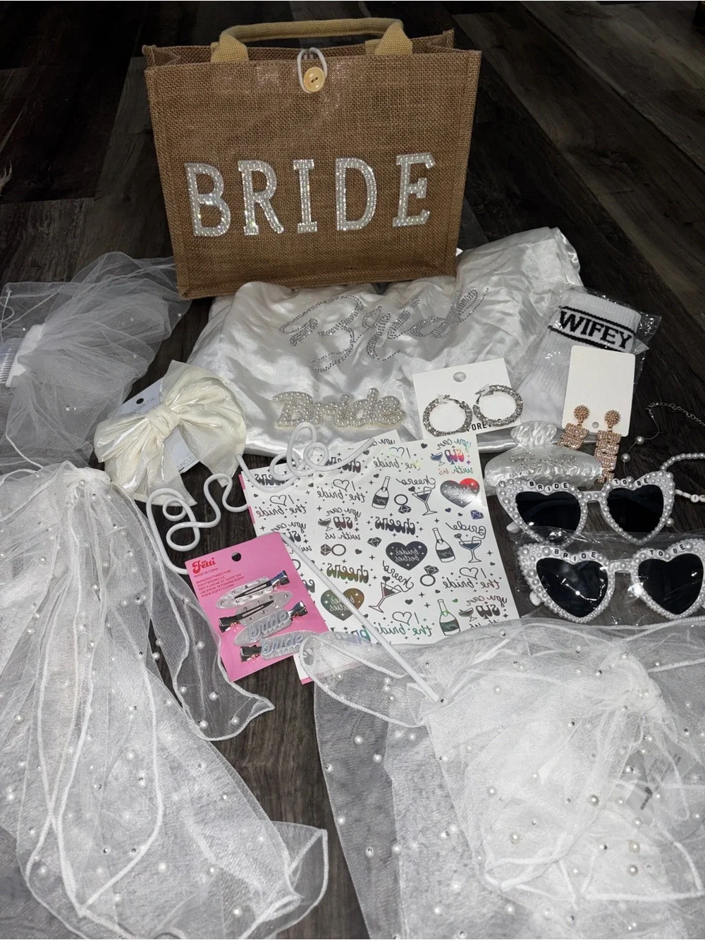 Bride Burlap Tote Gift Set with White Bridal Accessories